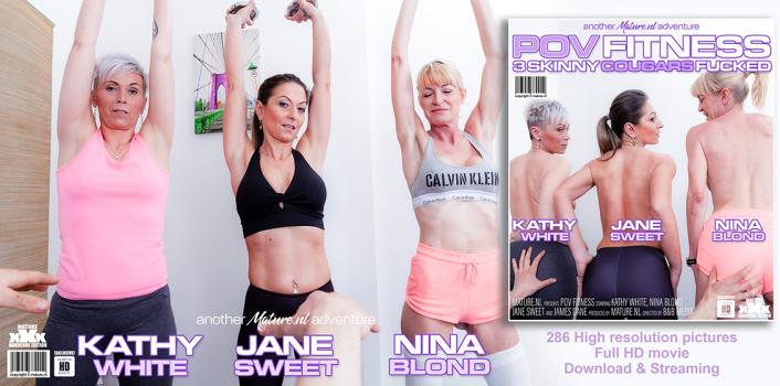 Mature NL – Jane Sweet, Kathy White & Nina Blond – POV fitness fucking with three skinny mature nymphos